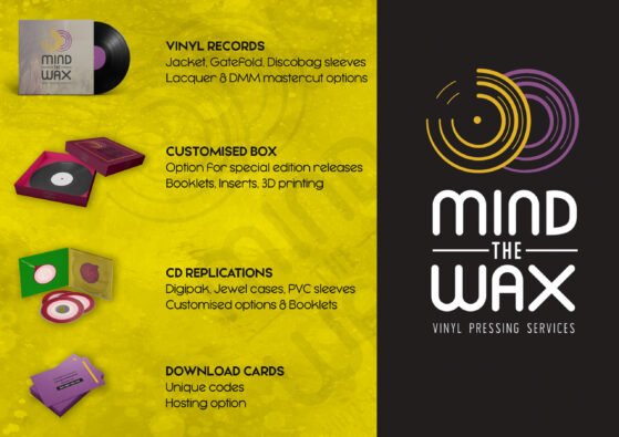 Vinyl packaging, custom box sets, CD replication, and download card options offered by Mind The Wax.