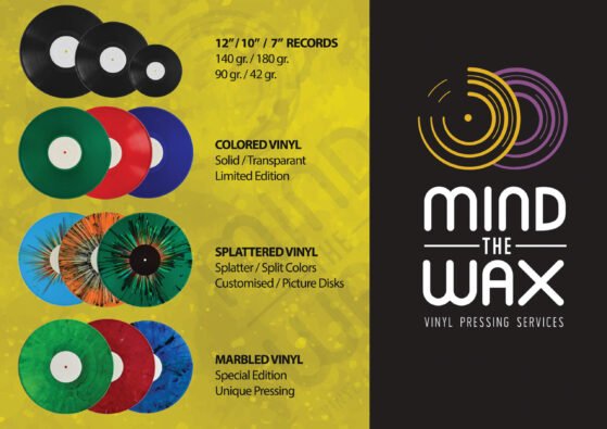 Vinyl pressing options from Mind The Wax, including record sizes, weights, colored vinyl, splattered vinyl, and marbled vinyl choices.