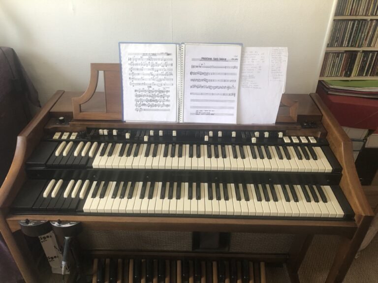 Close-up of vintage Hammond B3 organ with two manuals