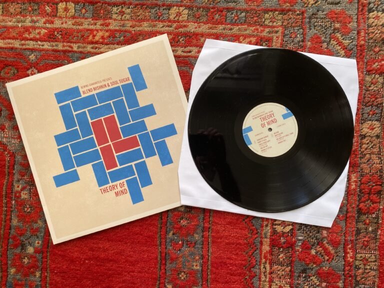 Black vinyl on white inner sleeve next to Theory of Mind album cover on a white background