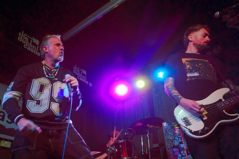 Real Juice performing live on stage with singer holding microphone and bassist playing under colorful stage lights